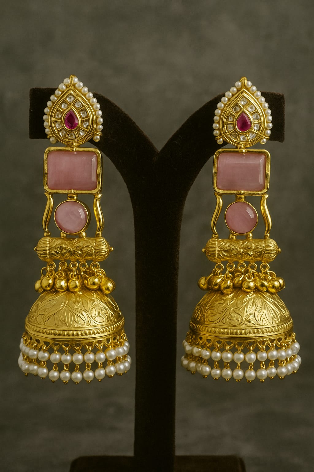 Blush Pink Stone Brass Jhumkas