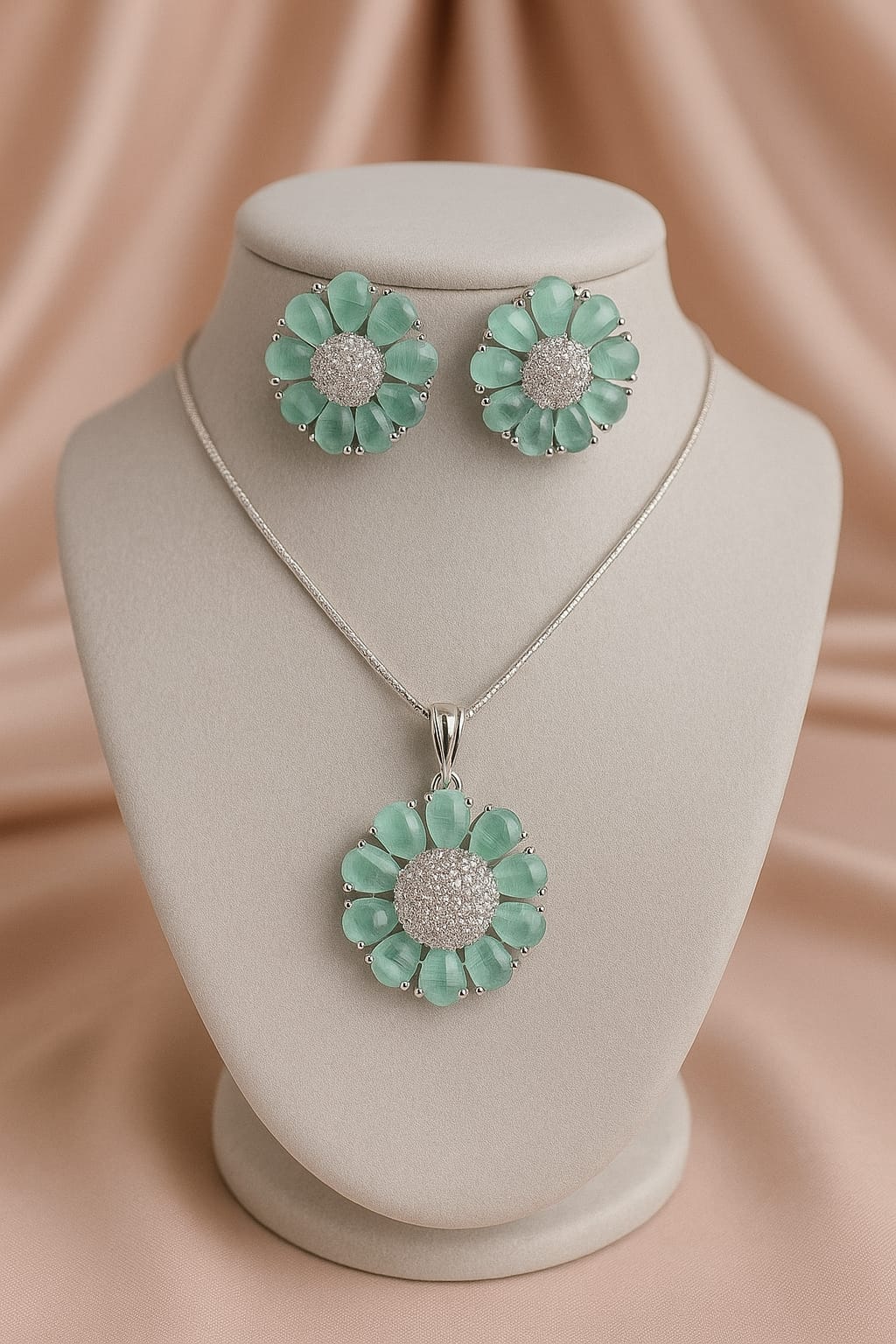 Mint Green Floral Pendant & Stud Set