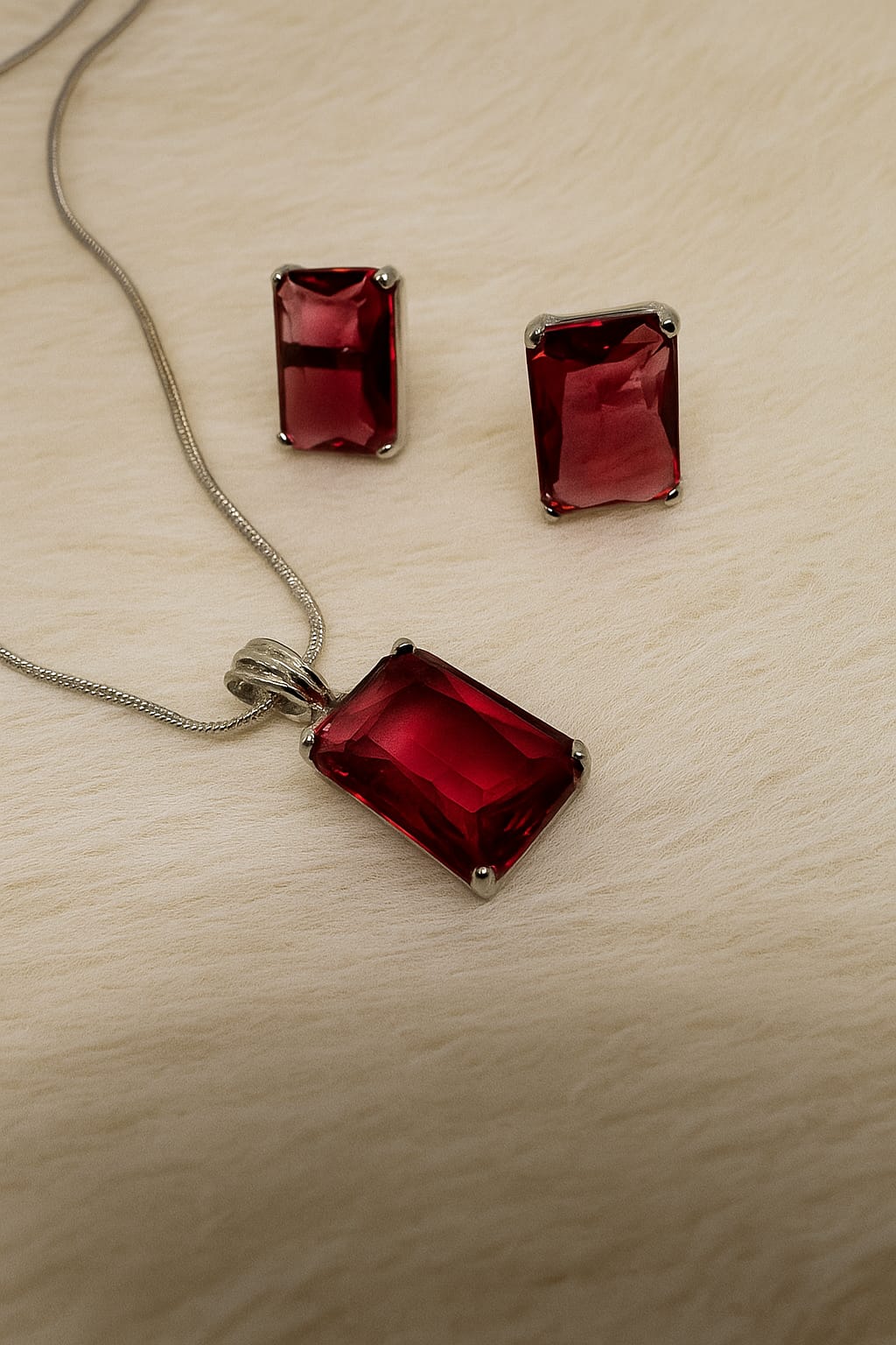 Elegant Ruby Red Pendant & Stud Set