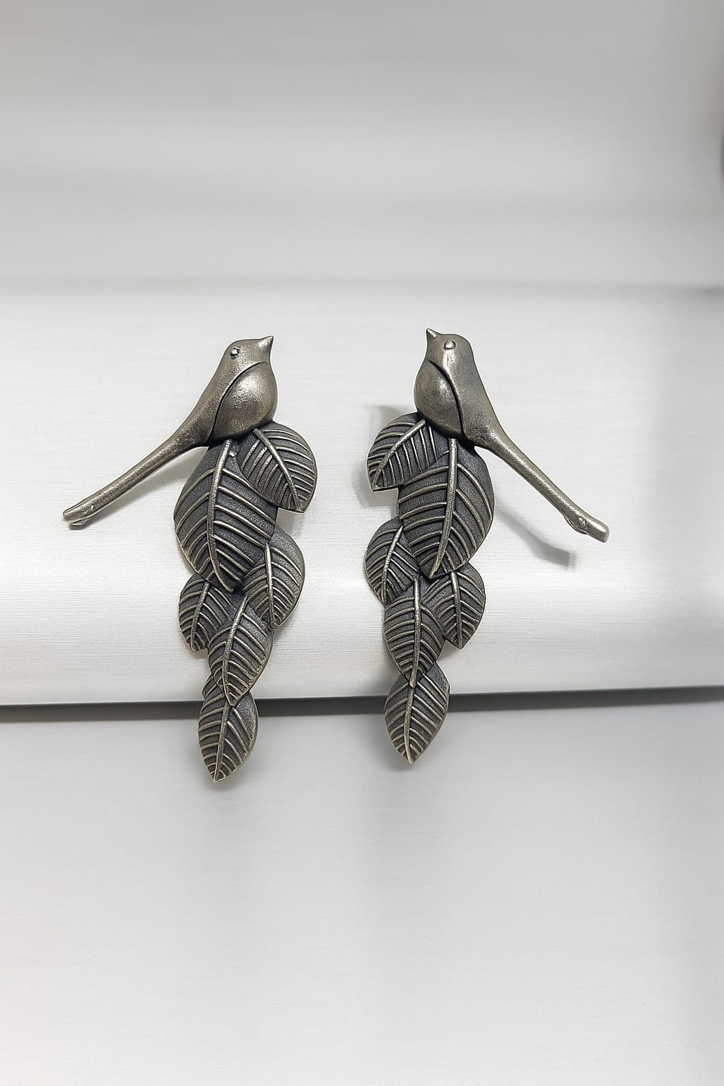Antique Silver Replica Bird & Leaf Motif Drop Earrings