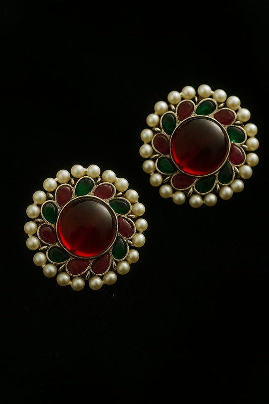 Pearl Studs with red and green stone