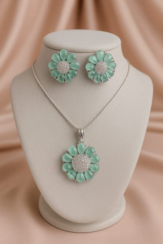 Mint Green Floral Pendant & Stud Set