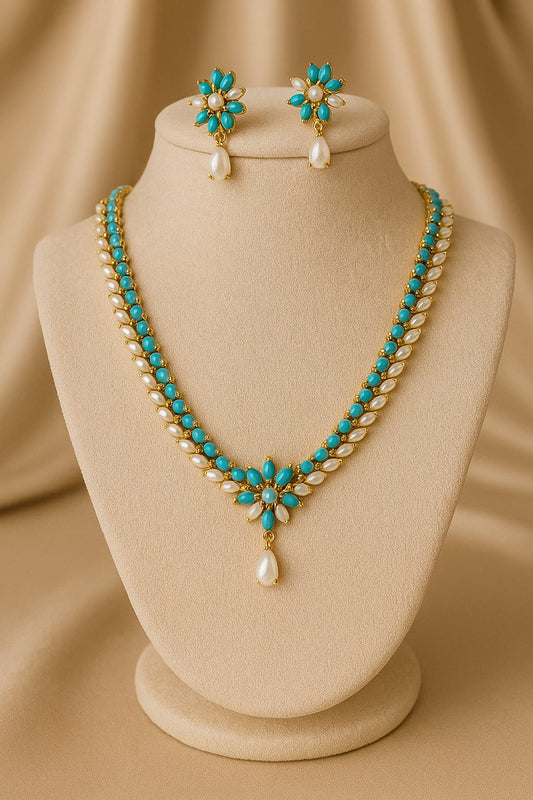 Turquoise Bloom Pearl Necklace Set