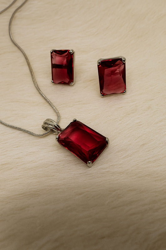 Elegant Ruby Red Pendant & Stud Set