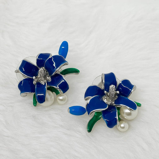 Enamel Blue Floral Studs with Pearls