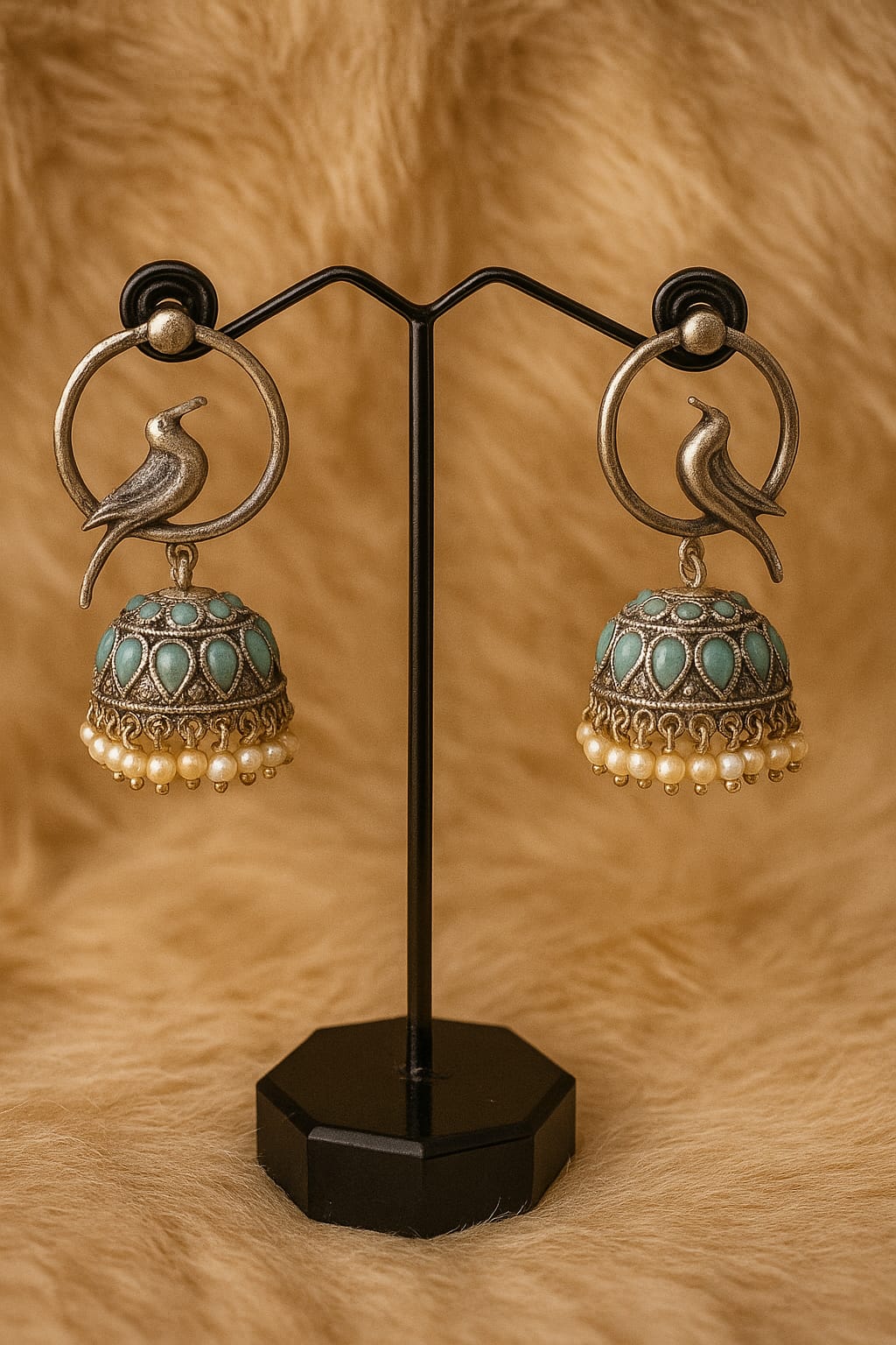 Silver replica antique finish Bird Motif Jhumka Earrings