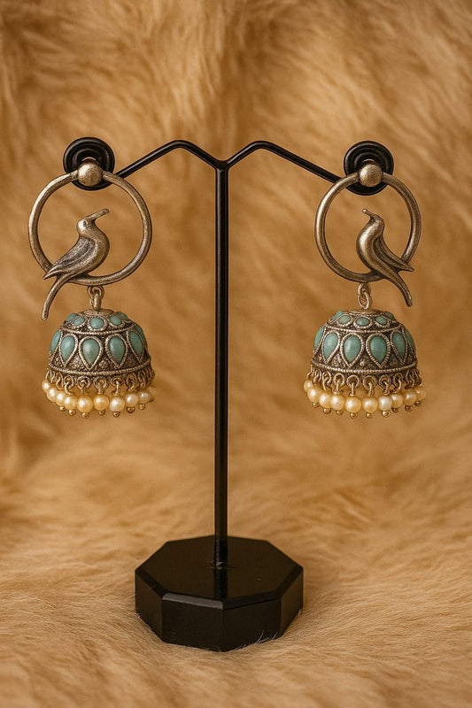 Silver replica antique finish Bird Motif Jhumka Earrings