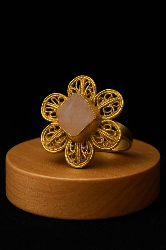 Handcrafted Gold-Plated Brass Ring with Rose Quartz