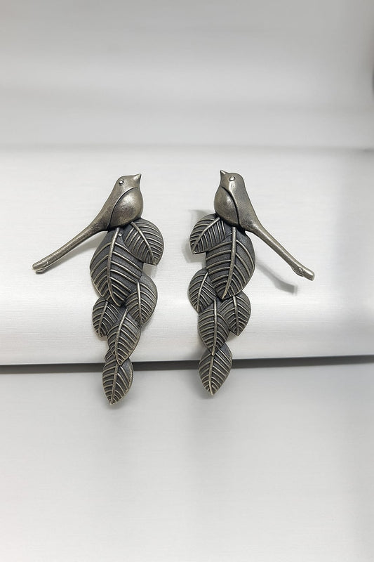 Antique Silver Replica  Bird & Leaf Motif Drop Earrings