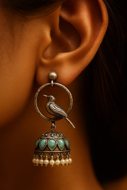 Silver replica antique finish Bird Motif Jhumka Earrings