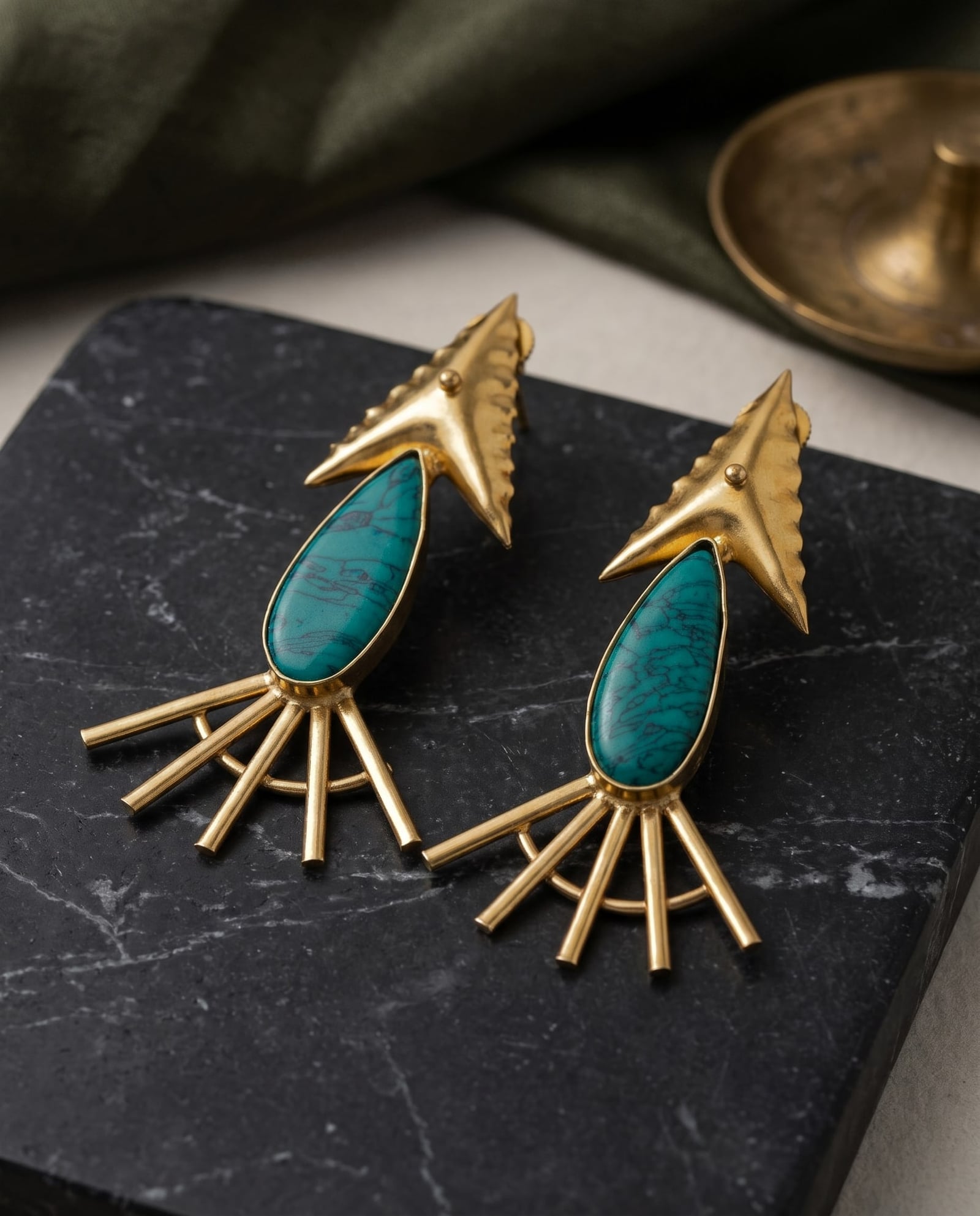 Handcrafted Brass Turquoise Statement Earrings