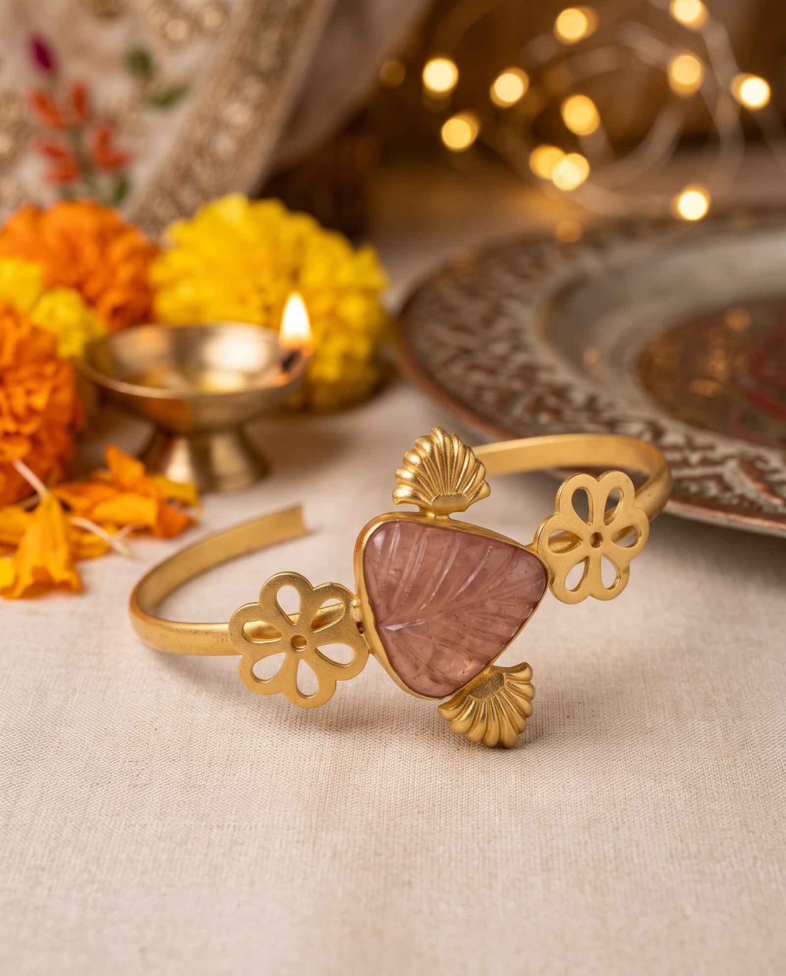 Carved Rose Quartz Floral Cuff Bracelet
