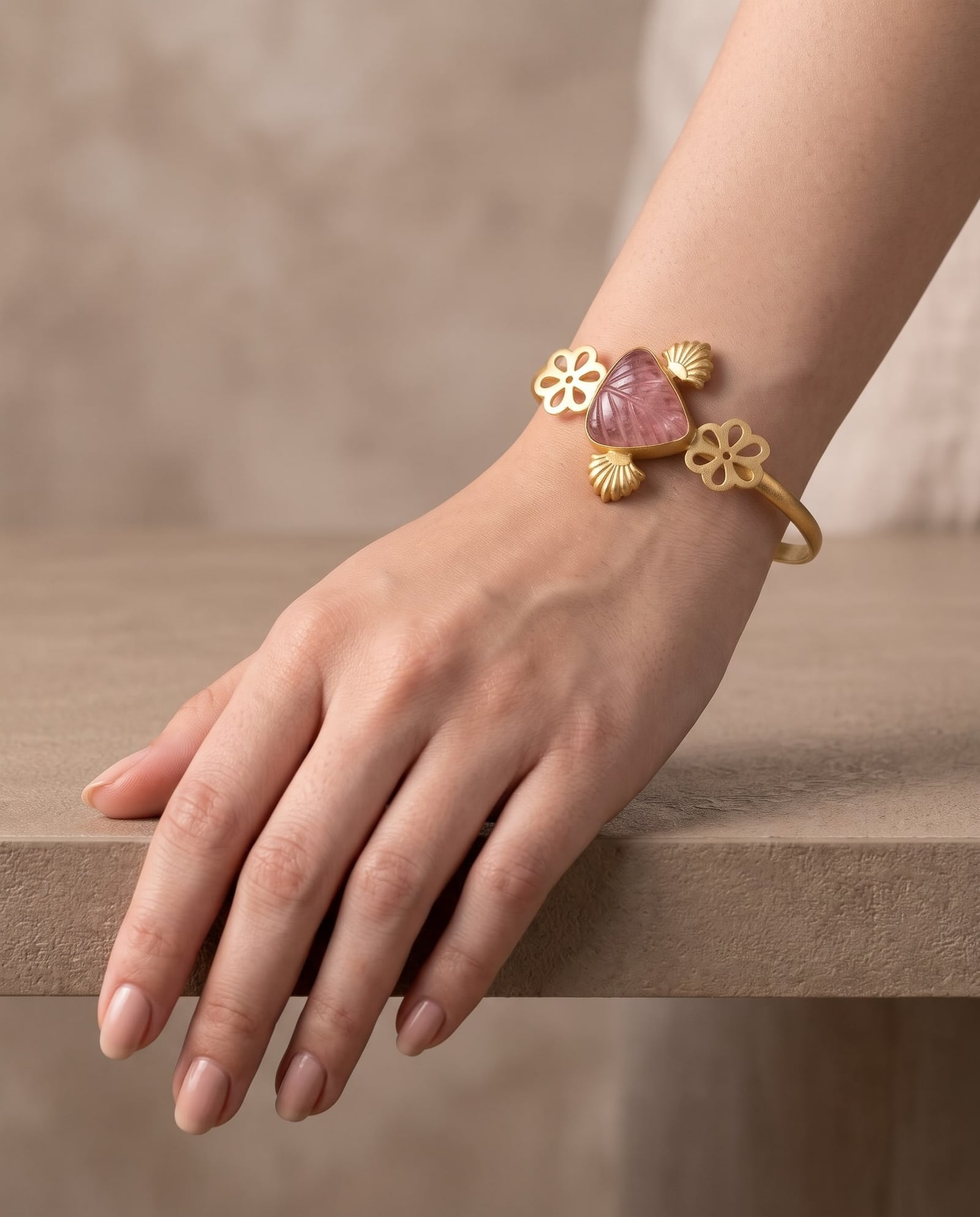 Carved Rose Quartz Floral Cuff Bracelet