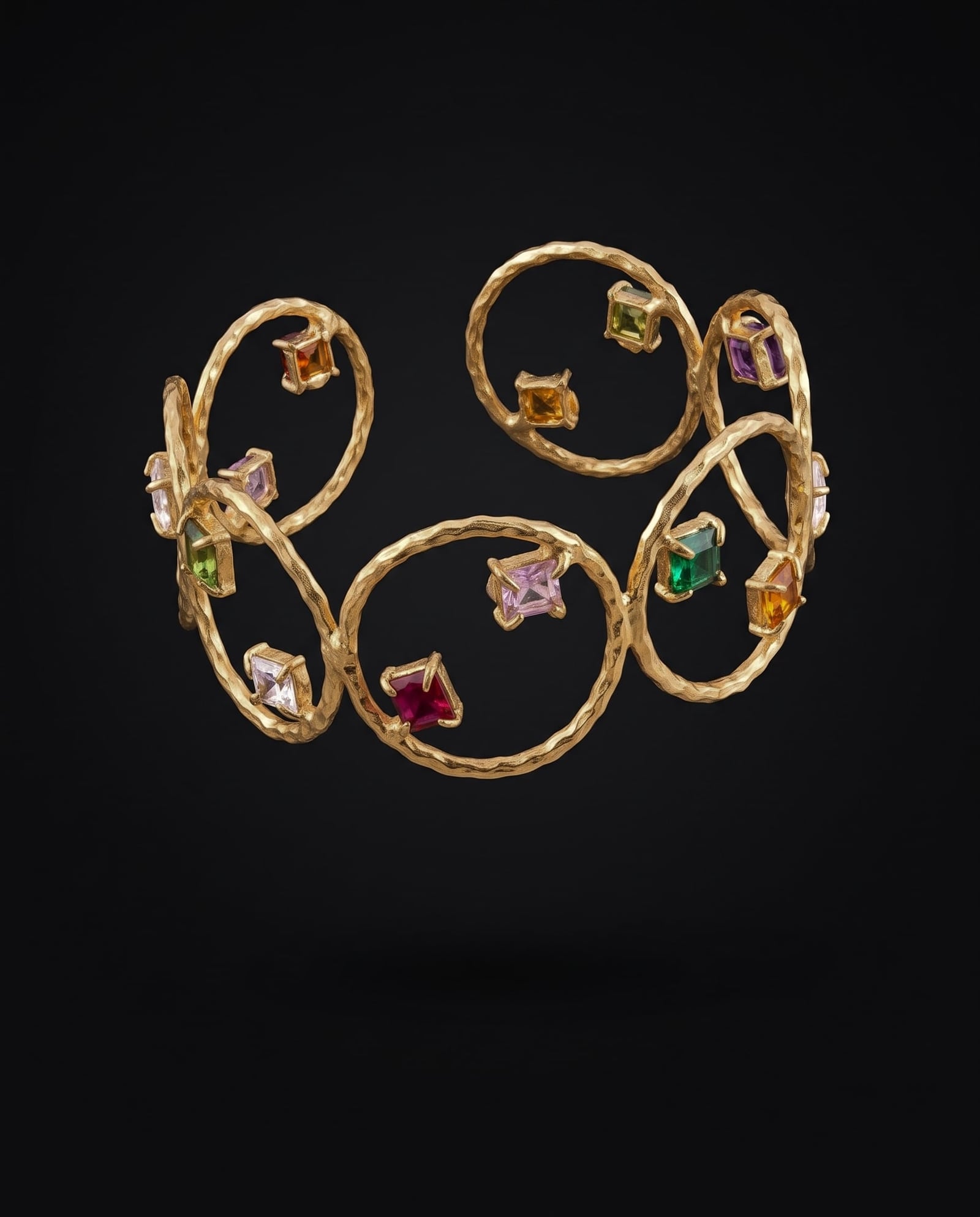 Hammered Brass Multicolour Stone Cuff Bracelet