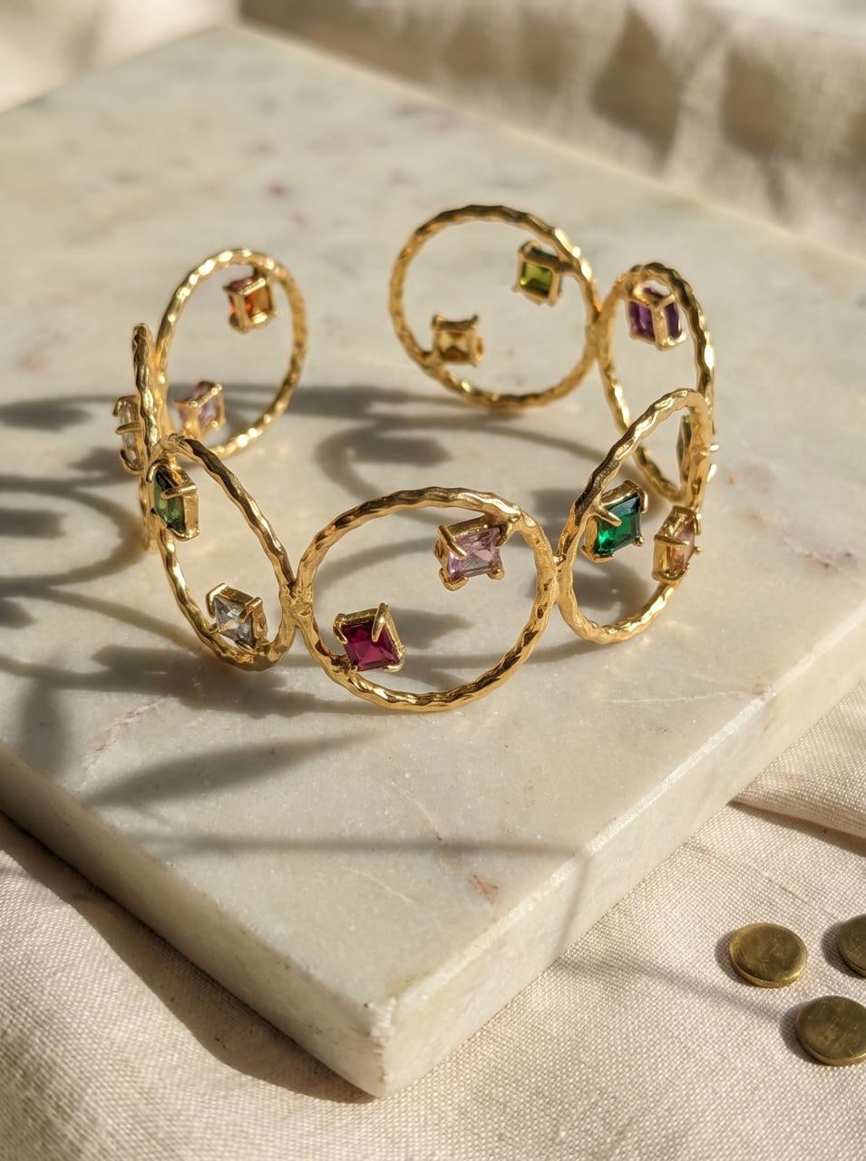 Hammered Brass Multicolour Stone Cuff Bracelet