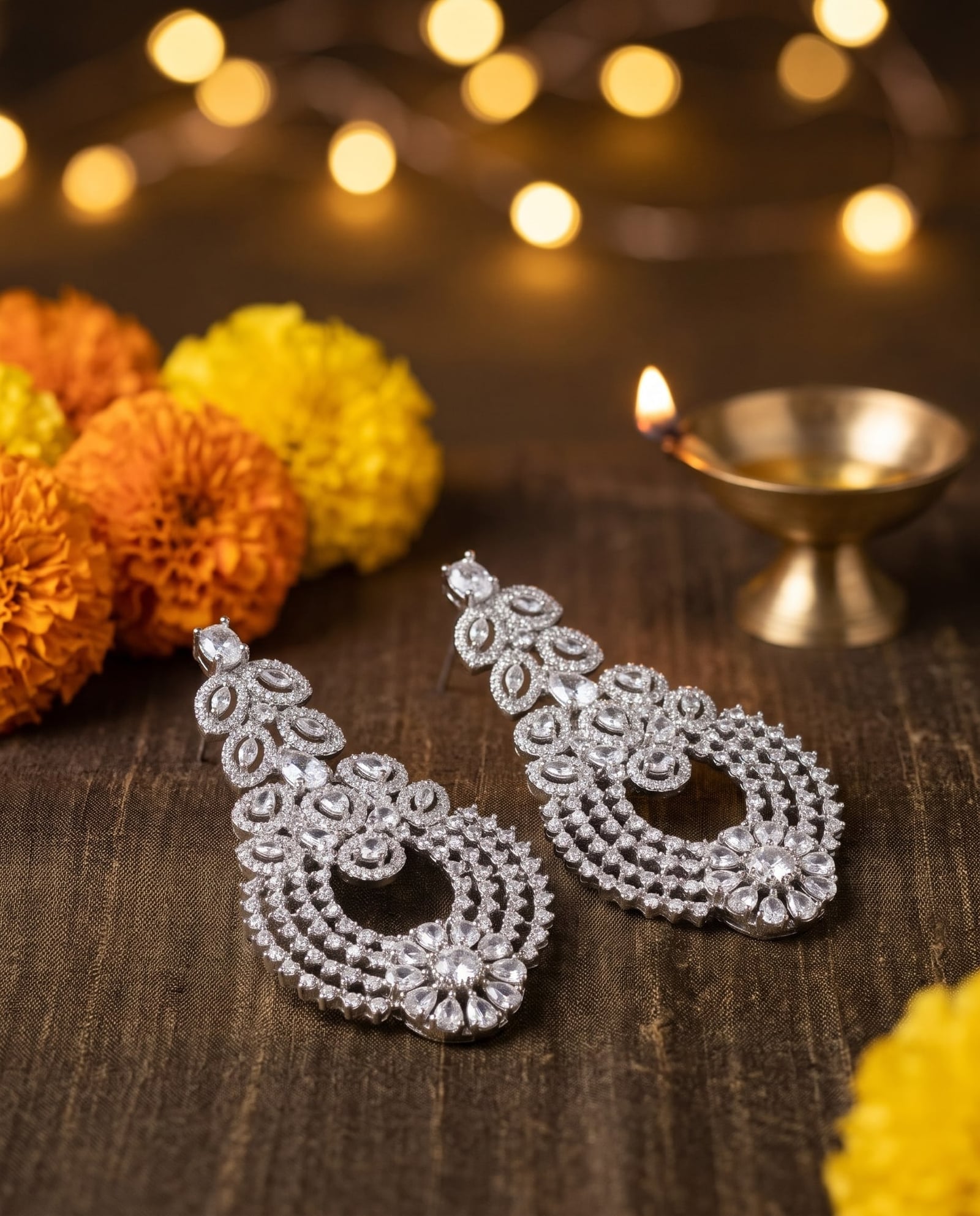 Silver Tone American Diamond Jumbo Earrings