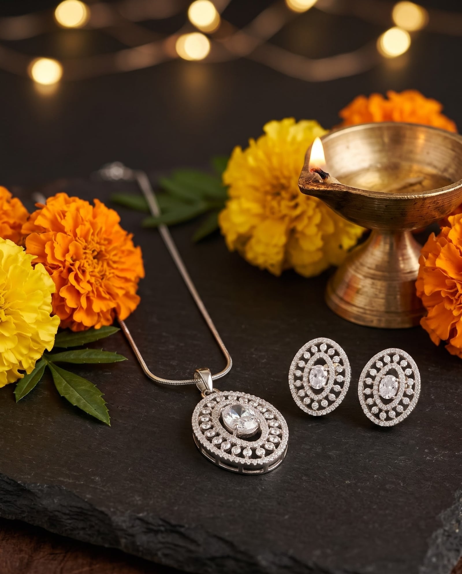 Silver Tone American Diamond Pendant Set