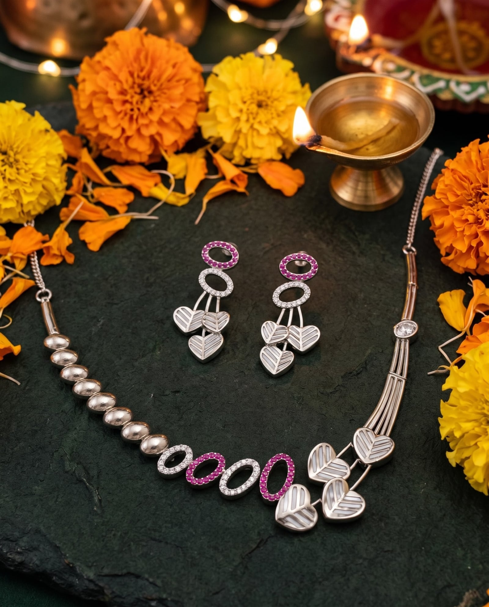 Silver Tone AD Leaf Necklace Set