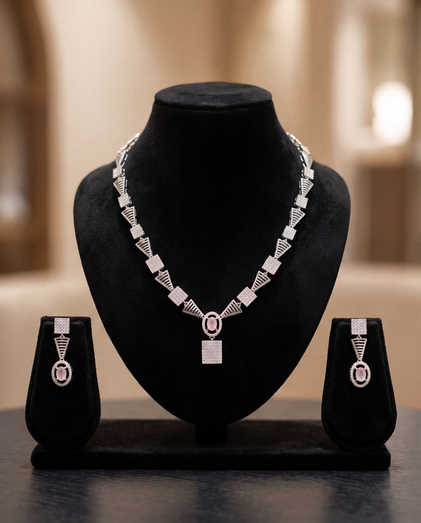Silver Tone Geometrical AD Necklace Set