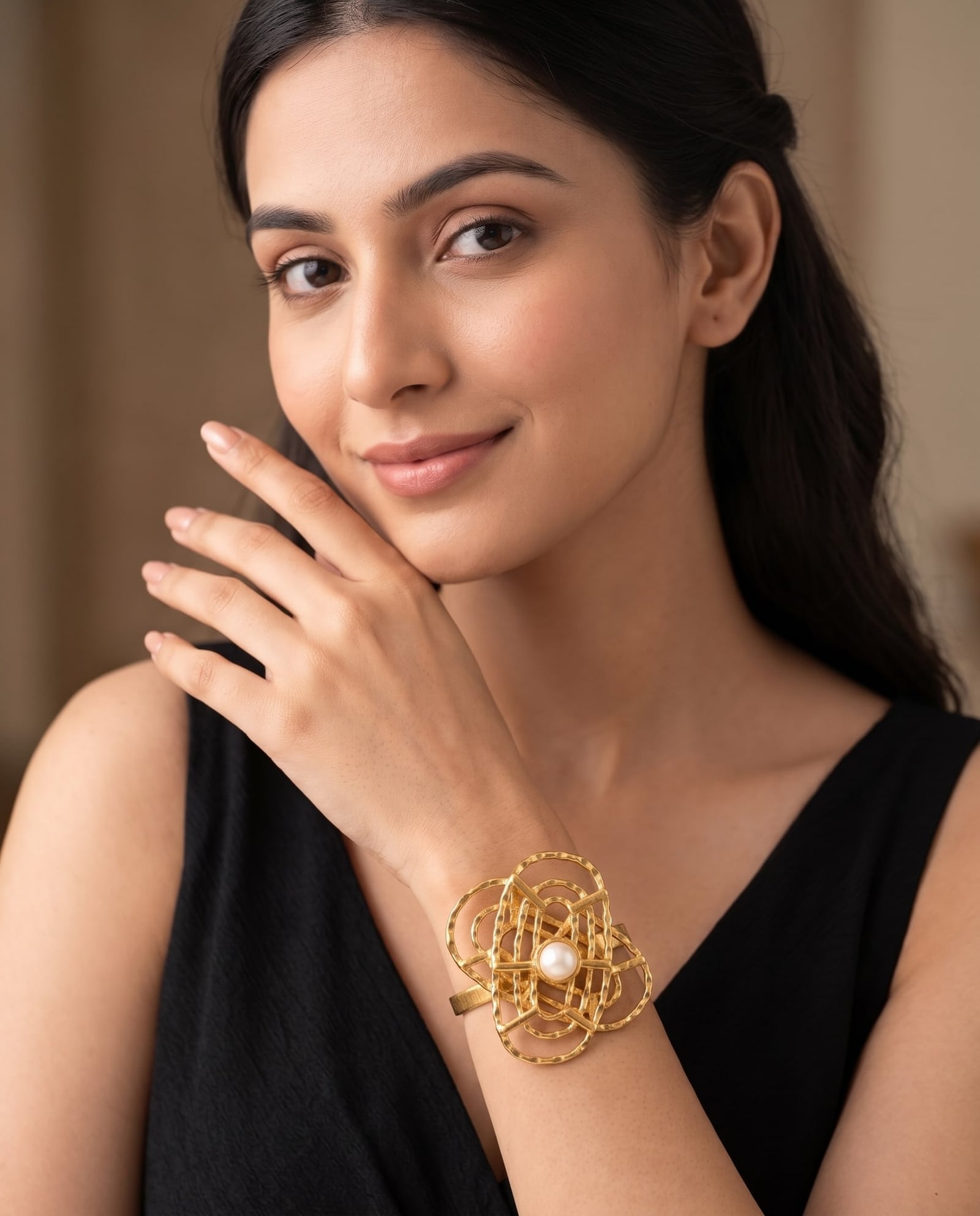 Gold Tone Abstract Pearl Cuff Bracelet