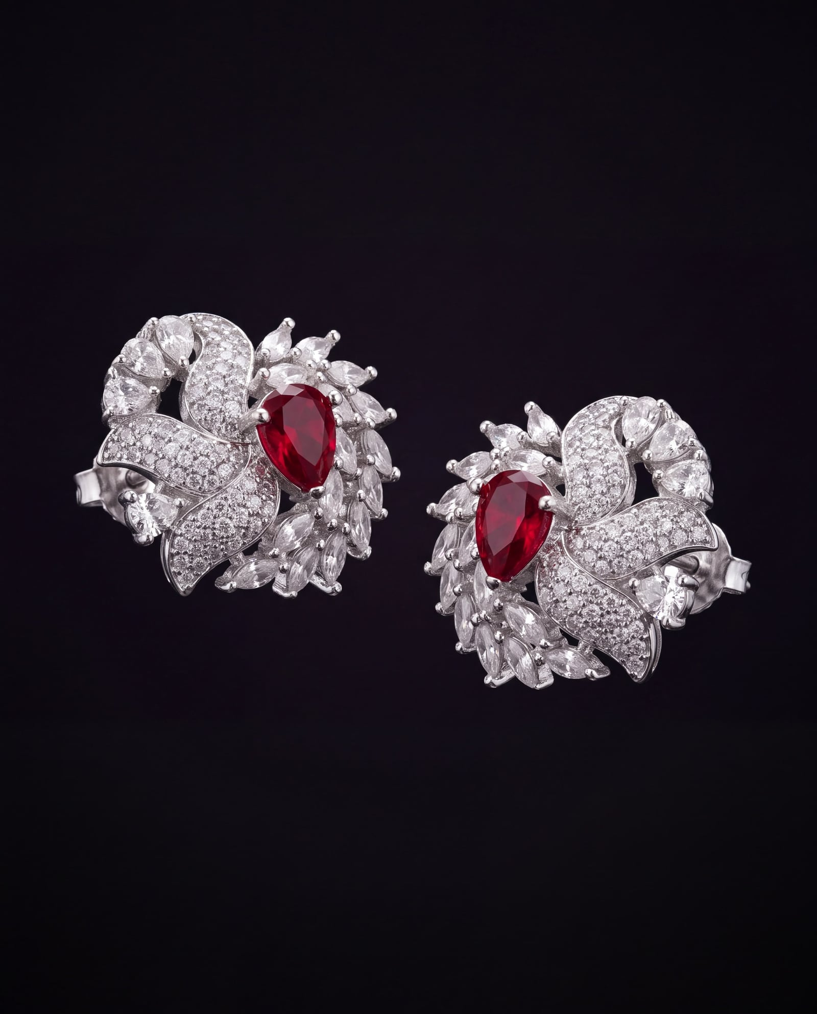 Ruby Red Floral AD Stud Earrings