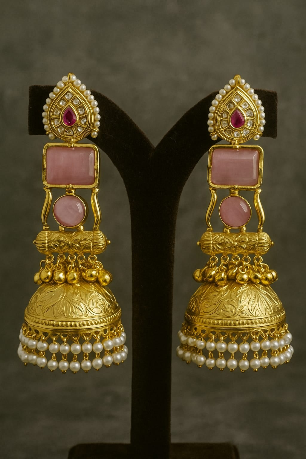 Blush Pink Stone Brass Jhumkas